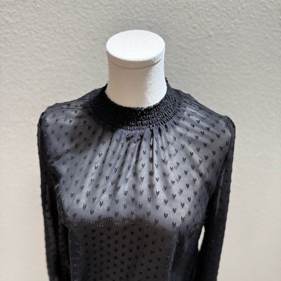H&M Elegant Sheer Black Chiffon Blouse With Smocking and Textured Hearts Size 2 - Picture 2 of 15
